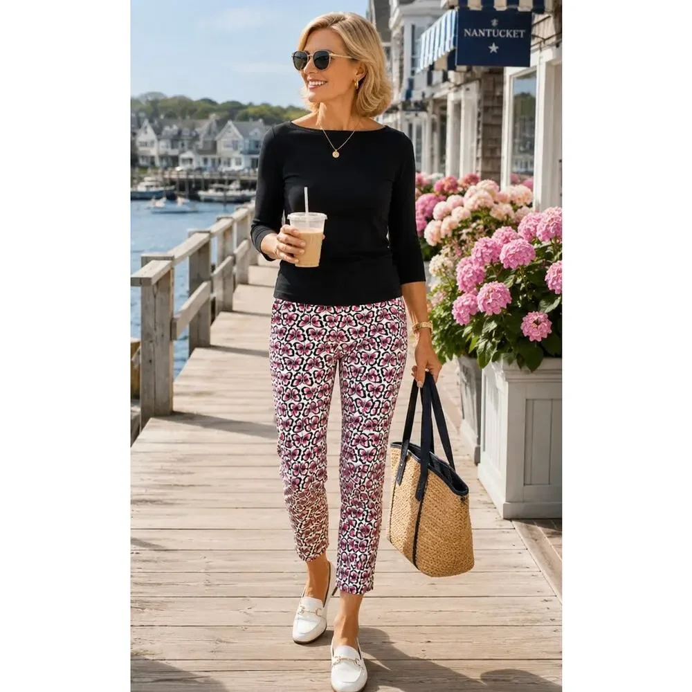 Talbots Women 8 Pink Black Butterfly Print Stretch Capri Pants Preppy Cotton